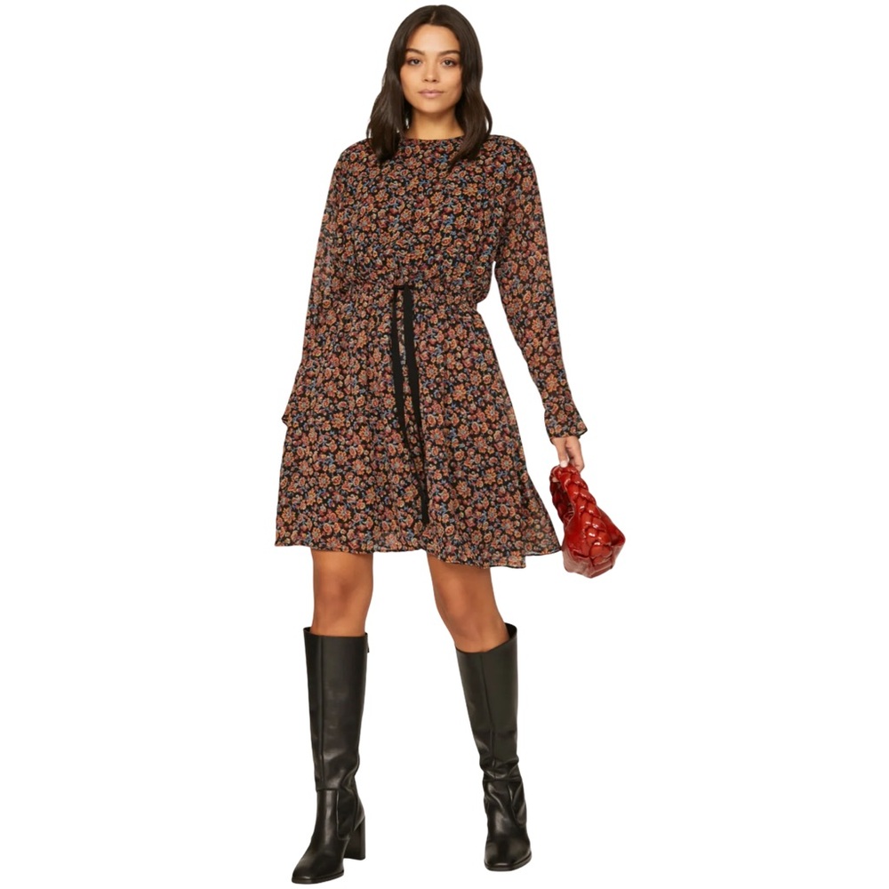 Jason Wu Women Fall Preppy Black Floral Tie Waist Long Sleeve Dress Size 10 EUC